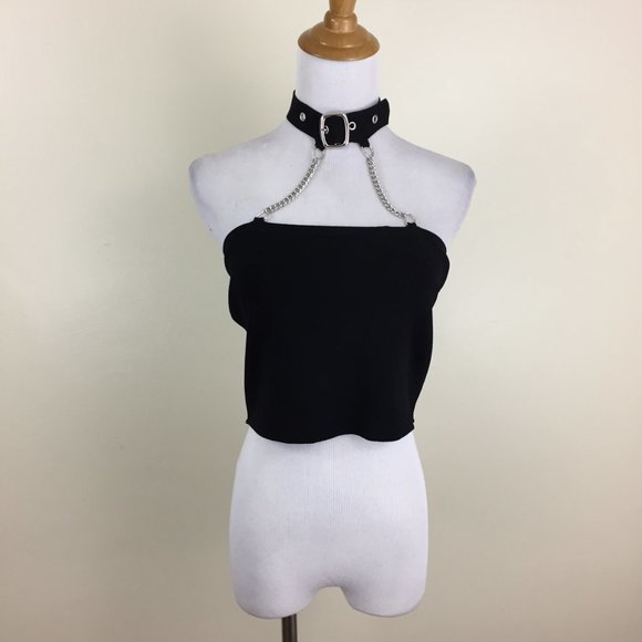 NWT BALBOA FASHION Black Silver Chains Adjustable Buckle Cropped Top - Picture 4 of 7